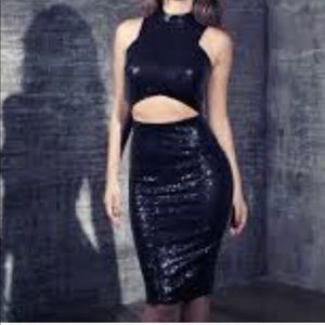 Black Sequin Cut out Midi Dress